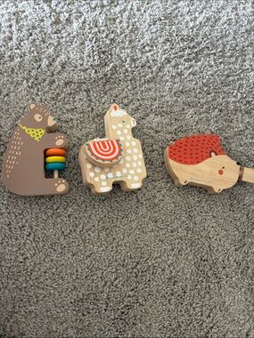 Wooden Animal Pull & Rattle Toy Trio - Neutral, Red, Orange, Teal Accents